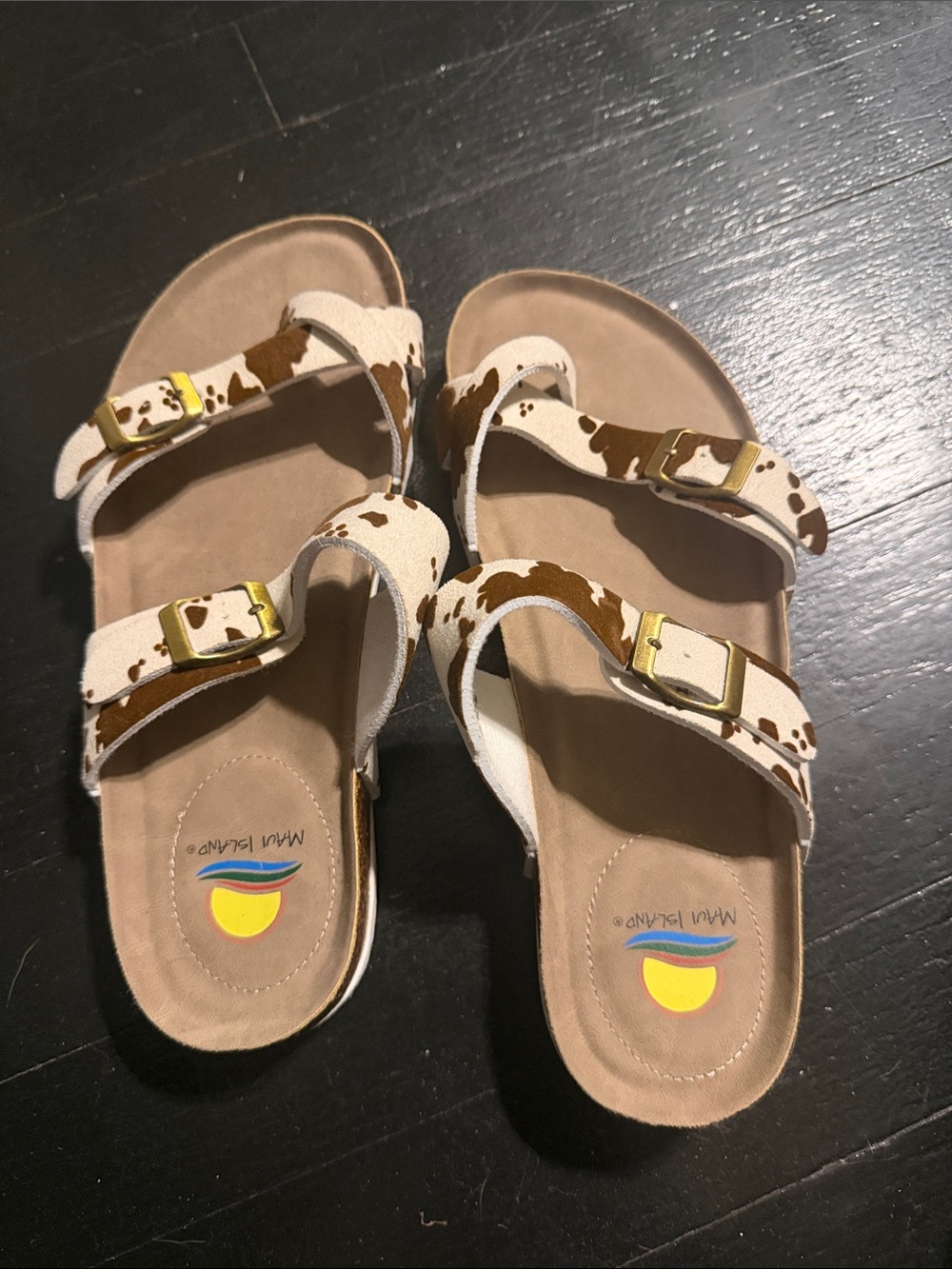 Cow Print Double-Strap Sandals for Women - White & Brown
